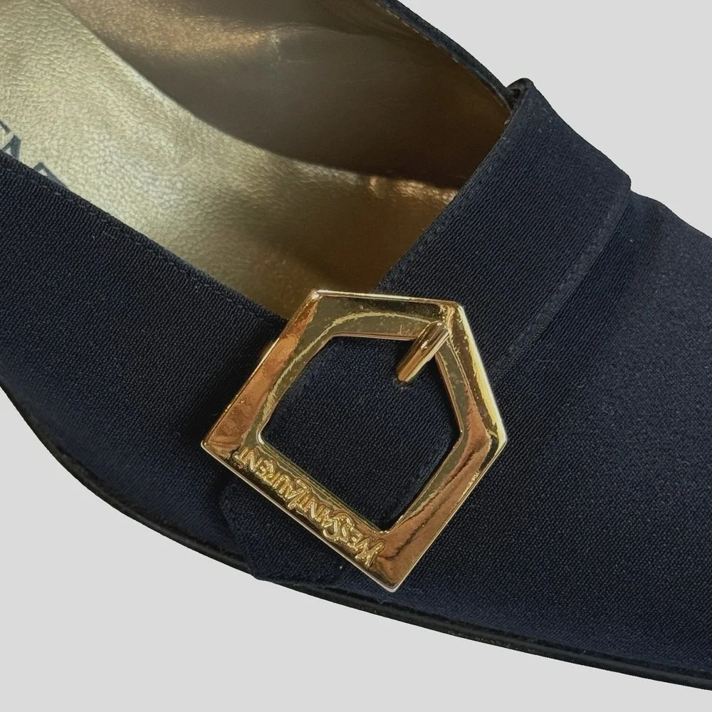Vtg Yves Saint Laurent Buckle Pump Block Heel Women US 7 N EU 37 Navy Blue Gold - Picture 12 of 12